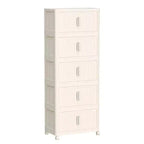 Armario de almacenamiento plegable de plástico de 5 niveles con puerta magnética y ruedas, color blanco crema, para sala de estar, 19.69 pulgadas