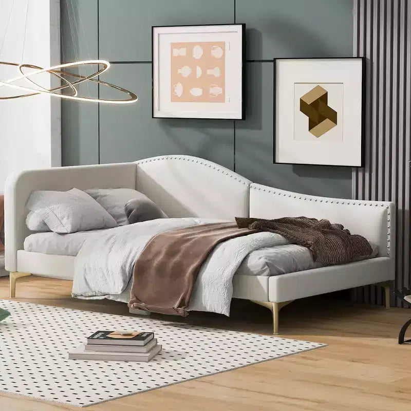 Sofá cama tapizado individual con cabecero y apoyabrazos