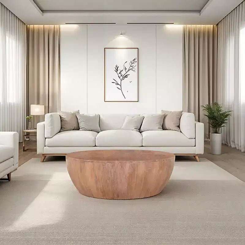 Mesa de centro de madera en forma de tambor de 35.5 pulgadas con base de diseño de tablones