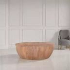 Mesa de centro de madera en forma de tambor de 35.5 pulgadas con base de diseño de tablones