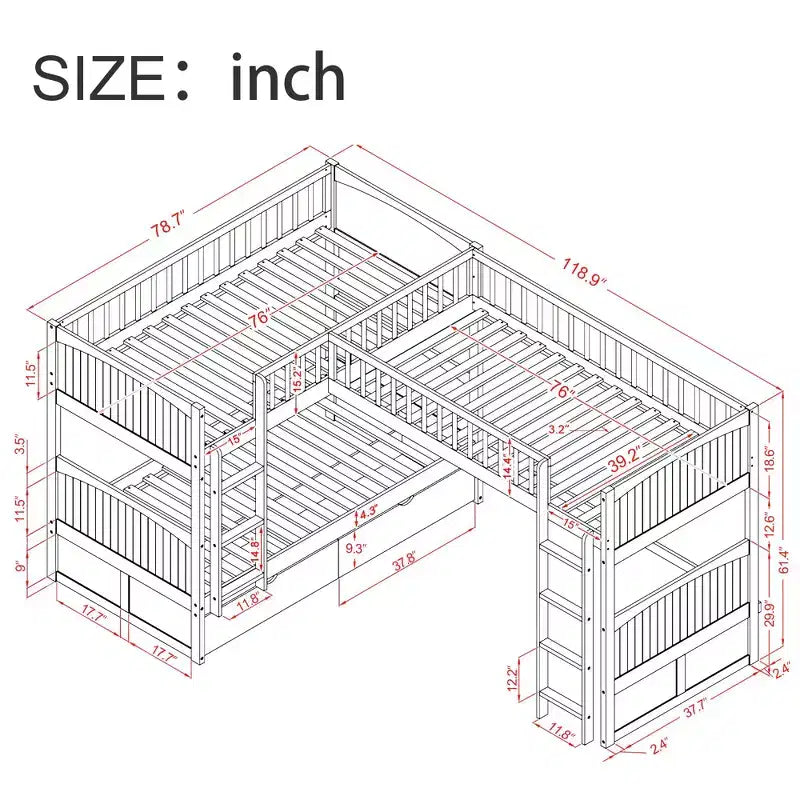 Litera doble con litera superior adjunta, literas de madera maciza con dos cajones y escaleras para niños, niñas, fácil montaje