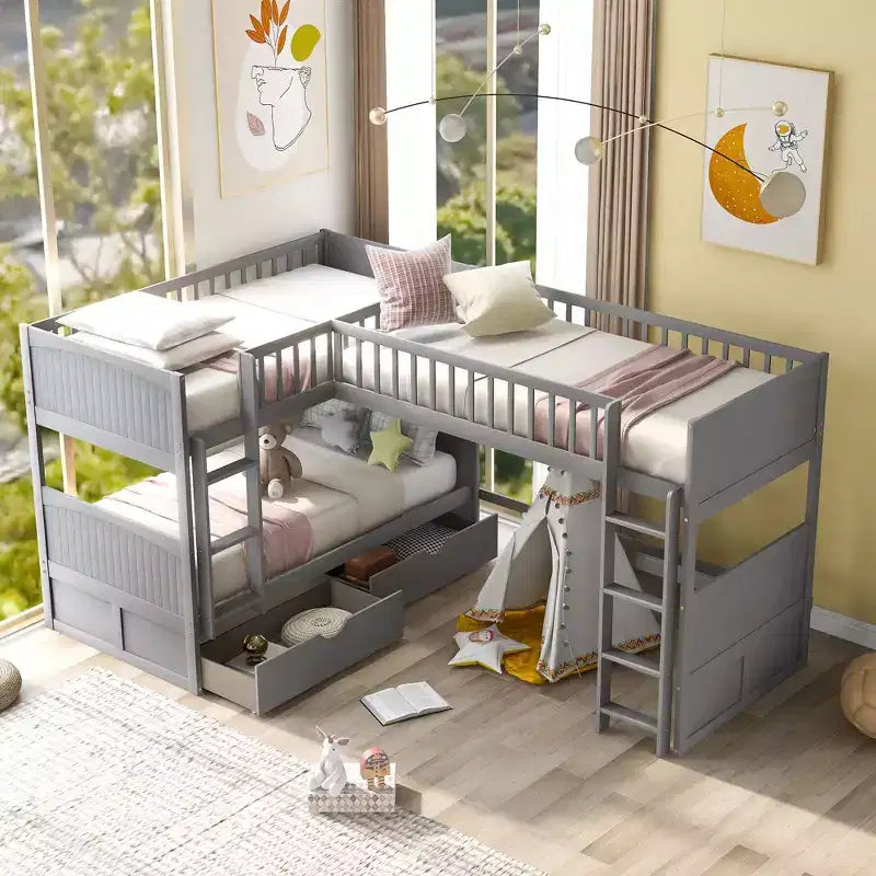 Litera doble con litera superior adjunta, literas de madera maciza con dos cajones y escaleras para niños, niñas, fácil montaje