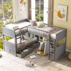 Litera doble con litera superior adjunta, literas de madera maciza con dos cajones y escaleras para niños, niñas, fácil montaje