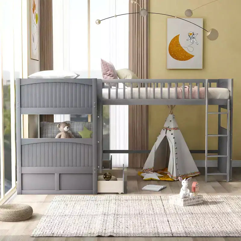 Litera doble con litera superior adjunta, literas de madera maciza con dos cajones y escaleras para niños, niñas, fácil montaje