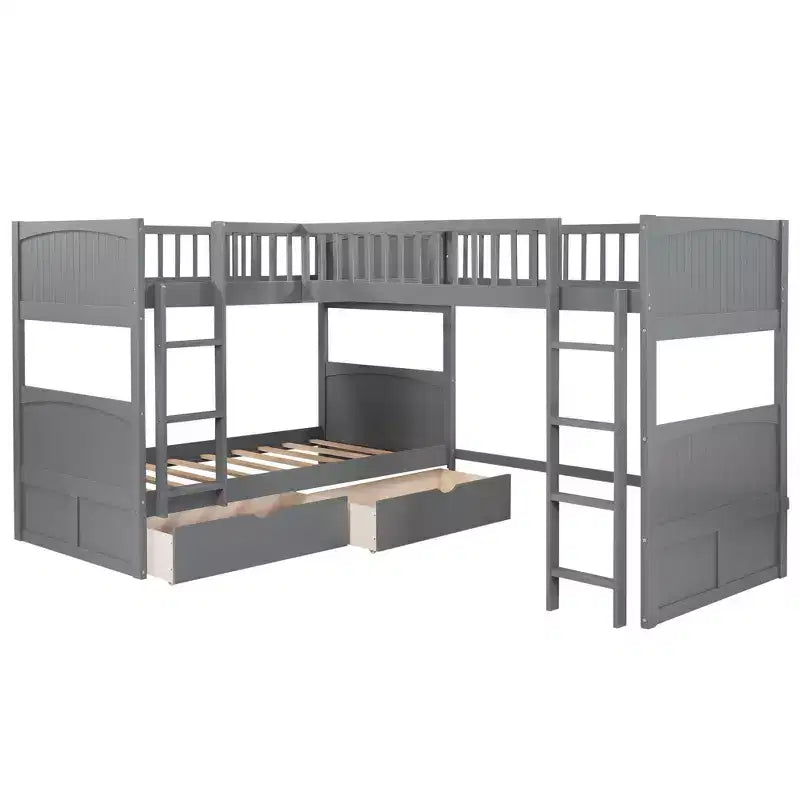 Litera doble con litera superior adjunta, literas de madera maciza con dos cajones y escaleras para niños, niñas, fácil montaje