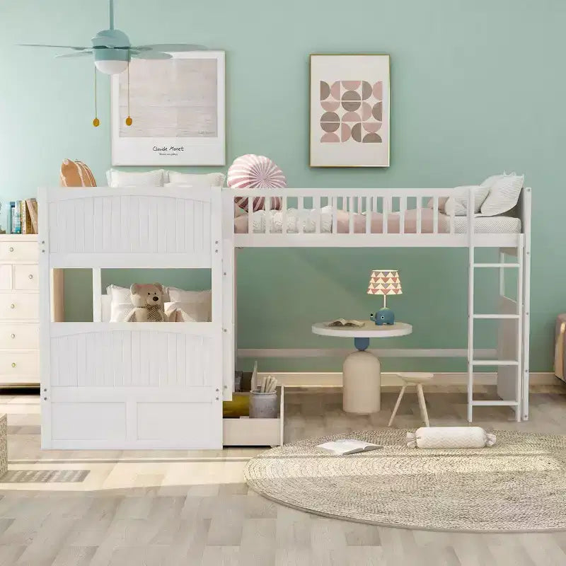Litera doble con litera superior adjunta, literas de madera maciza con dos cajones y escaleras para niños, niñas, fácil montaje