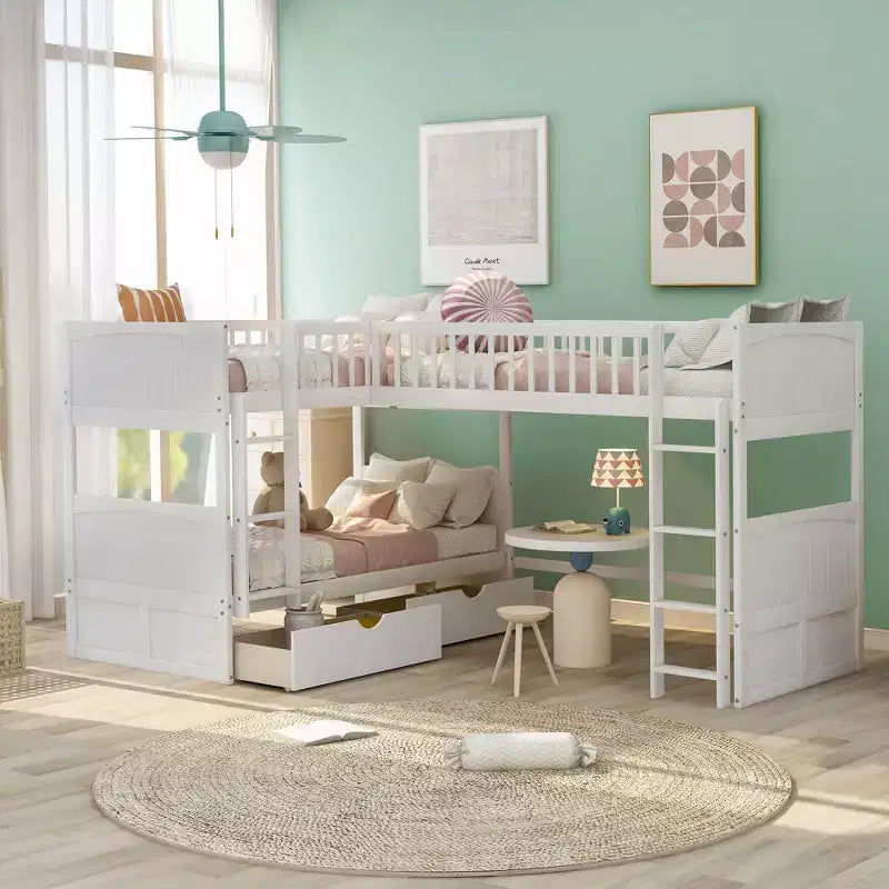 Litera doble con litera superior adjunta, literas de madera maciza con dos cajones y escaleras para niños, niñas, fácil montaje