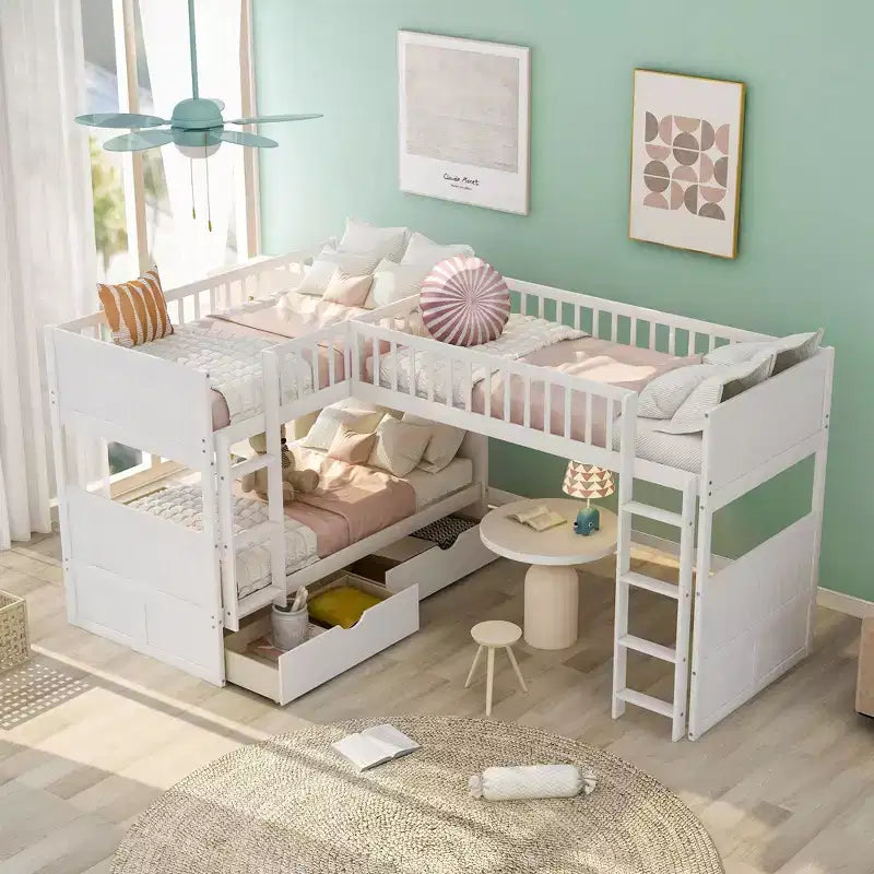 Litera doble con litera superior adjunta, literas de madera maciza con dos cajones y escaleras para niños, niñas, fácil montaje