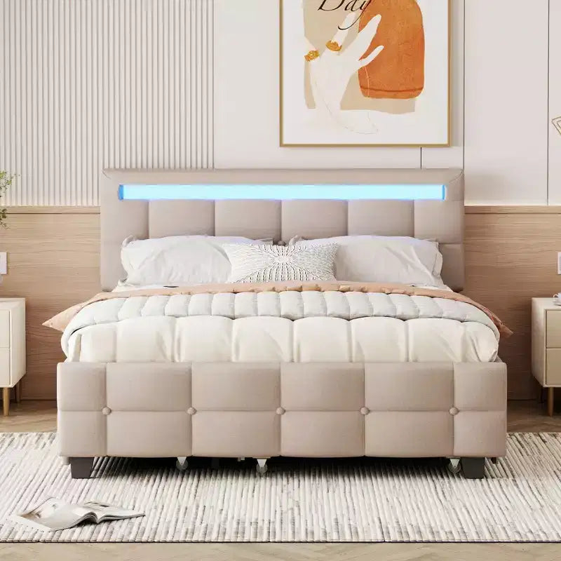 Base de cama Queen Elegant con plataforma tapizada e iluminación LED, no necesita somier, cama de tela de lino con nido Twin XL y 2 cajones