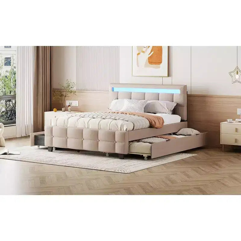 Base de cama Queen Elegant con plataforma tapizada e iluminación LED, no necesita somier, cama de tela de lino con nido Twin XL y 2 cajones