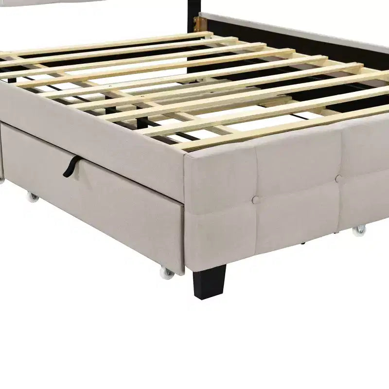 Base de cama Queen Elegant con plataforma tapizada e iluminación LED, no necesita somier, cama de tela de lino con nido Twin XL y 2 cajones