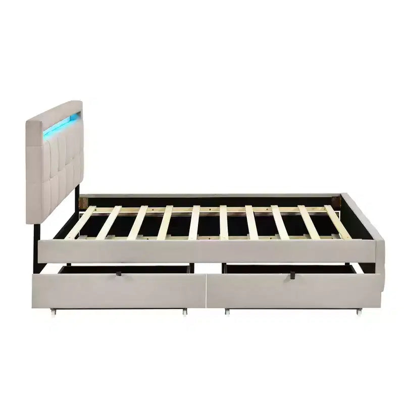 Base de cama Queen Elegant con plataforma tapizada e iluminación LED, no necesita somier, cama de tela de lino con nido Twin XL y 2 cajones