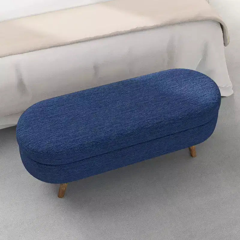 Banco otomano ovalado de lino moderno con patas de madera de caucho, reposapiés suave y largo para sala de estar, recibidor, dormitorio