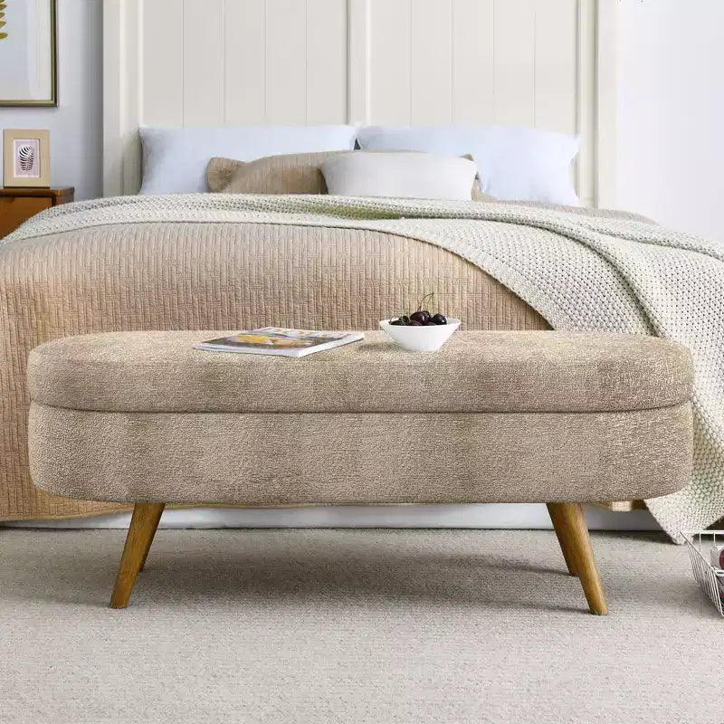 Banco otomano ovalado de lino moderno con patas de madera de caucho, reposapiés suave y largo para sala de estar, recibidor, dormitorio