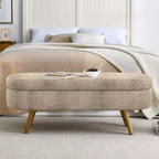 Banco otomano ovalado de lino moderno con patas de madera de caucho, reposapiés suave y largo para sala de estar, recibidor, dormitorio