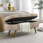 Banco otomano ovalado de lino moderno con patas de madera de caucho, reposapiés suave y largo para sala de estar, recibidor, dormitorio