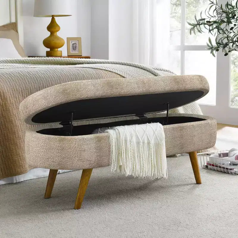 Banco otomano ovalado de lino moderno con patas de madera de caucho, reposapiés suave y largo para sala de estar, recibidor, dormitorio