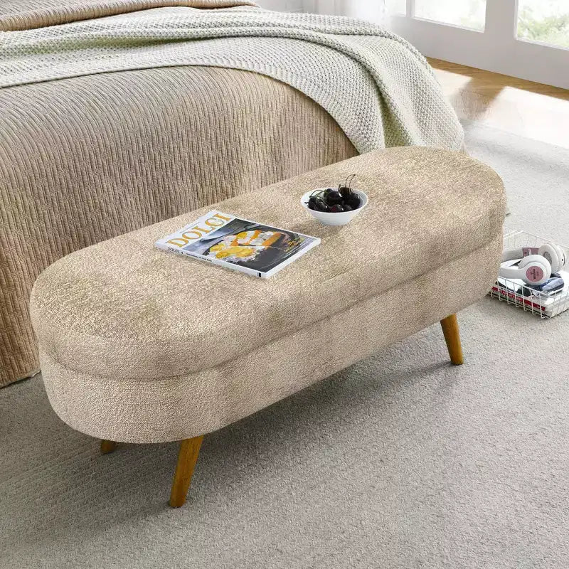 Banco otomano ovalado de lino moderno con patas de madera de caucho, reposapiés suave y largo para sala de estar, recibidor, dormitorio