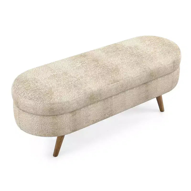 Banco otomano ovalado de lino moderno con patas de madera de caucho, reposapiés suave y largo para sala de estar, recibidor, dormitorio