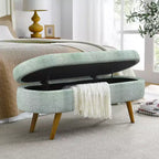 Banco otomano ovalado de lino moderno con patas de madera de caucho, reposapiés suave y largo para sala de estar, recibidor, dormitorio