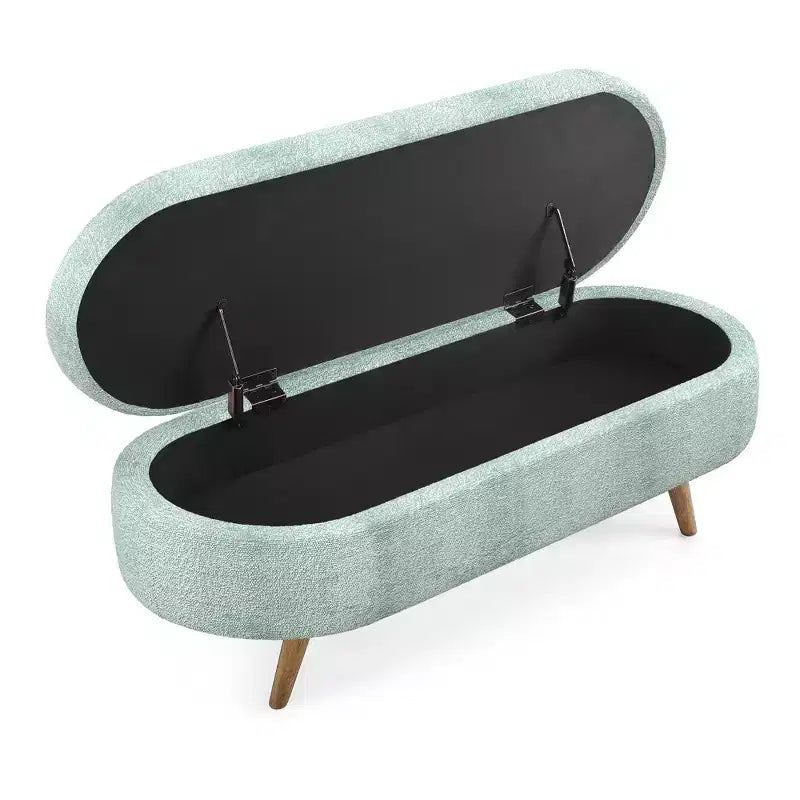 Banco otomano ovalado de lino moderno con patas de madera de caucho, reposapiés suave y largo para sala de estar, recibidor, dormitorio