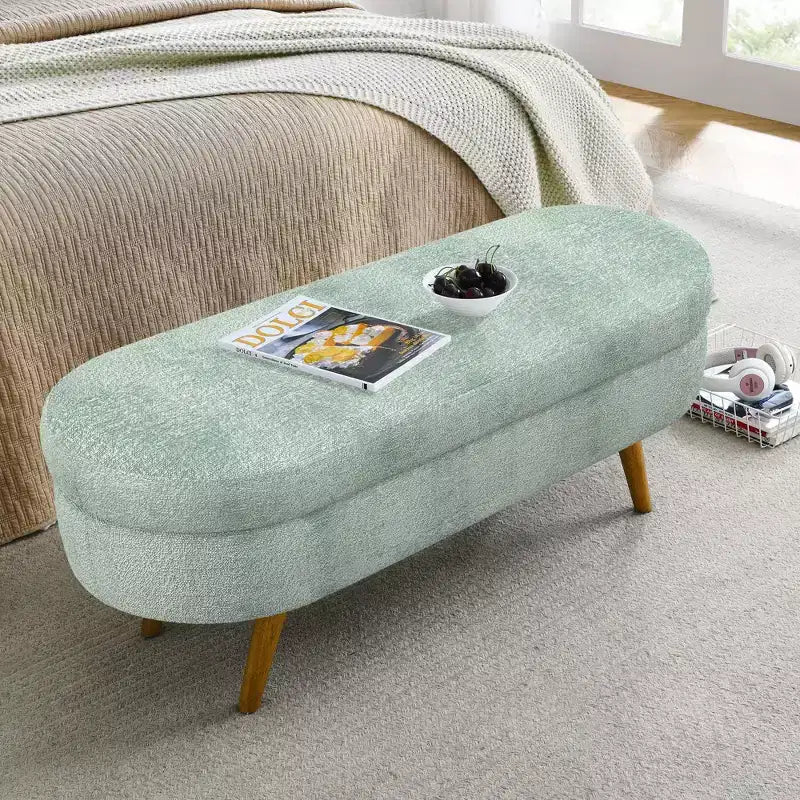 Banco otomano ovalado de lino moderno con patas de madera de caucho, reposapiés suave y largo para sala de estar, recibidor, dormitorio