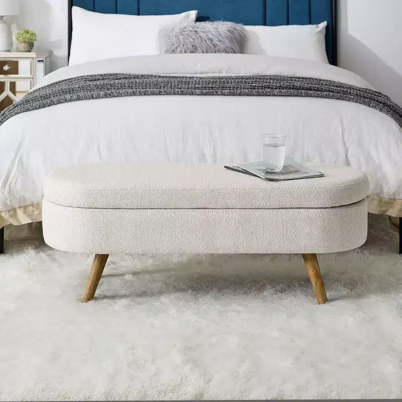 Banco otomano ovalado de lino moderno con patas de madera de caucho, reposapiés suave y largo para sala de estar, recibidor, dormitorio