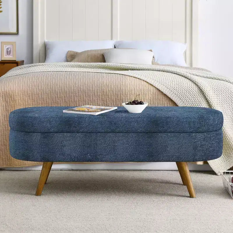 Banco otomano ovalado de lino moderno con patas de madera de caucho, reposapiés suave y largo para sala de estar, recibidor, dormitorio