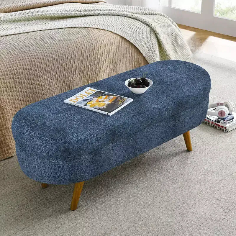 Banco otomano ovalado de lino moderno con patas de madera de caucho, reposapiés suave y largo para sala de estar, recibidor, dormitorio