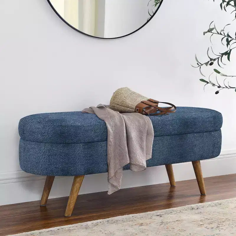 Banco otomano ovalado de lino moderno con patas de madera de caucho, reposapiés suave y largo para sala de estar, recibidor, dormitorio