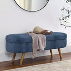 Banco otomano ovalado de lino moderno con patas de madera de caucho, reposapiés suave y largo para sala de estar, recibidor, dormitorio