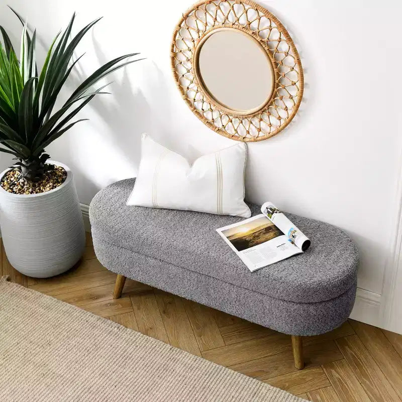 Banco otomano ovalado de lino moderno con patas de madera de caucho, reposapiés suave y largo para sala de estar, recibidor, dormitorio