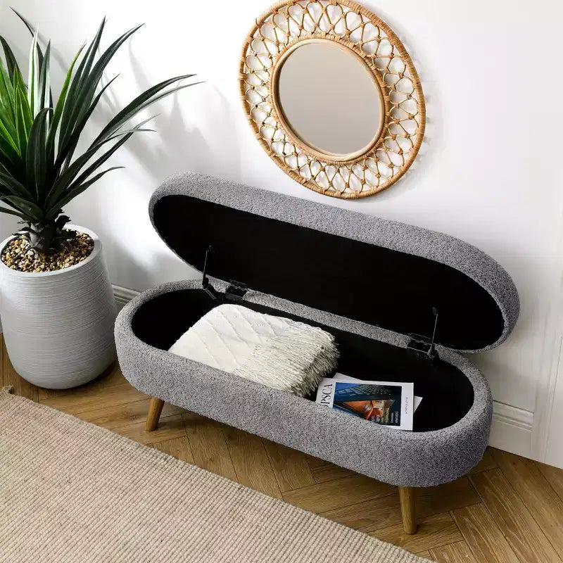 Banco otomano ovalado de lino moderno con patas de madera de caucho, reposapiés suave y largo para sala de estar, recibidor, dormitorio