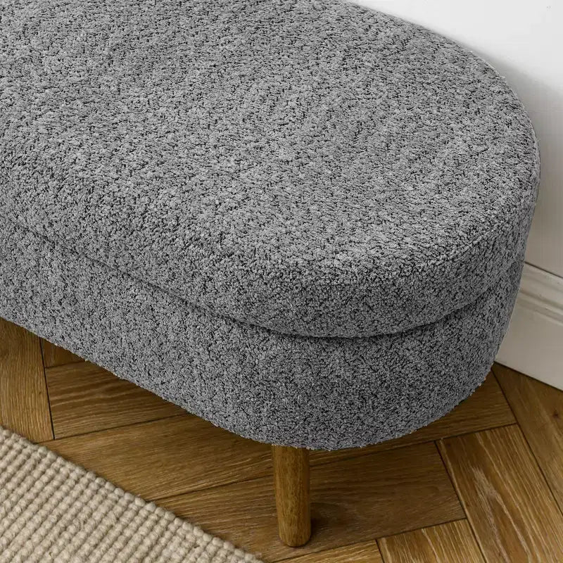 Banco otomano ovalado de lino moderno con patas de madera de caucho, reposapiés suave y largo para sala de estar, recibidor, dormitorio