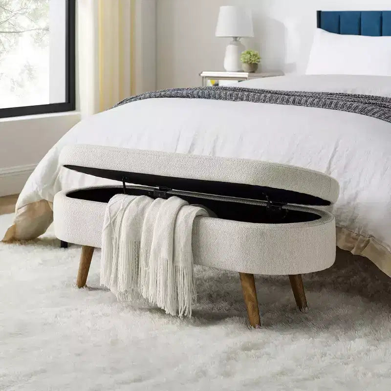 Banco otomano ovalado de lino moderno con patas de madera de caucho, reposapiés suave y largo para sala de estar, recibidor, dormitorio