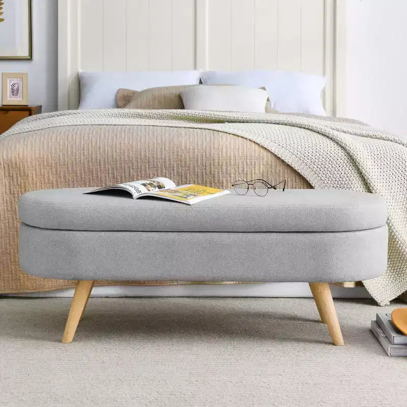 Banco otomano ovalado de lino moderno con patas de madera de caucho, reposapiés suave y largo para sala de estar, recibidor, dormitorio