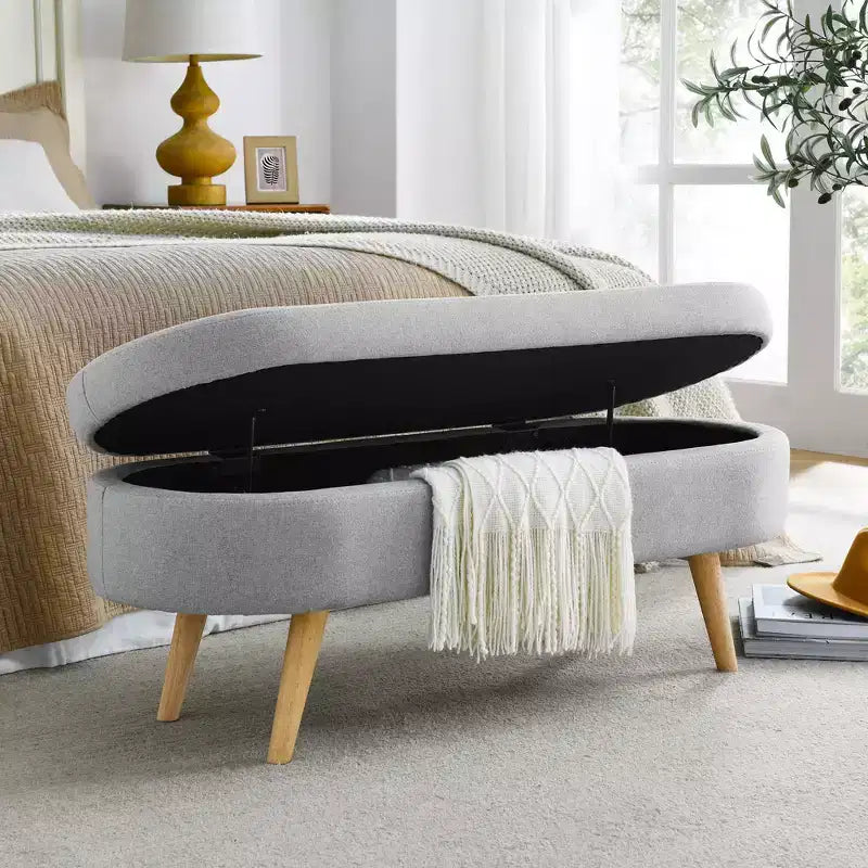 Banco otomano ovalado de lino moderno con patas de madera de caucho, reposapiés suave y largo para sala de estar, recibidor, dormitorio