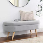 Banco otomano ovalado de lino moderno con patas de madera de caucho, reposapiés suave y largo para sala de estar, recibidor, dormitorio