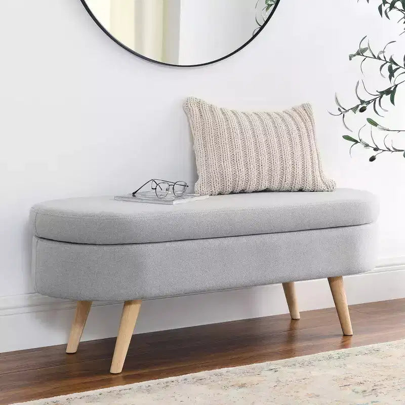 Banco otomano ovalado de lino moderno con patas de madera de caucho, reposapiés suave y largo para sala de estar, recibidor, dormitorio