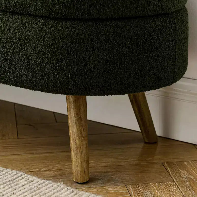 Banco otomano ovalado de lino moderno con patas de madera de caucho, reposapiés suave y largo para sala de estar, recibidor, dormitorio