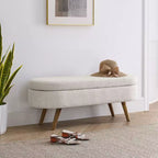 Banco otomano ovalado de lino moderno con patas de madera de caucho, reposapiés suave y largo para sala de estar, recibidor, dormitorio
