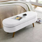 Banco otomano ovalado de lino moderno con patas de madera de caucho, reposapiés suave y largo para sala de estar, recibidor, dormitorio