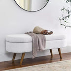 Banco otomano ovalado de lino moderno con patas de madera de caucho, reposapiés suave y largo para sala de estar, recibidor, dormitorio