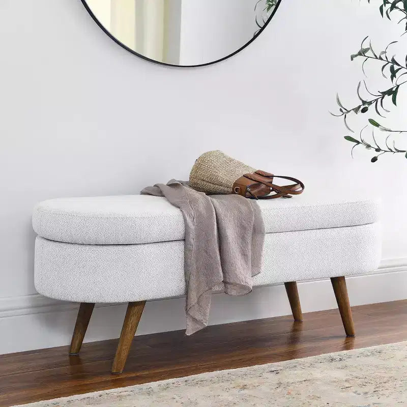 Banco otomano ovalado de lino moderno con patas de madera de caucho, reposapiés suave y largo para sala de estar, recibidor, dormitorio