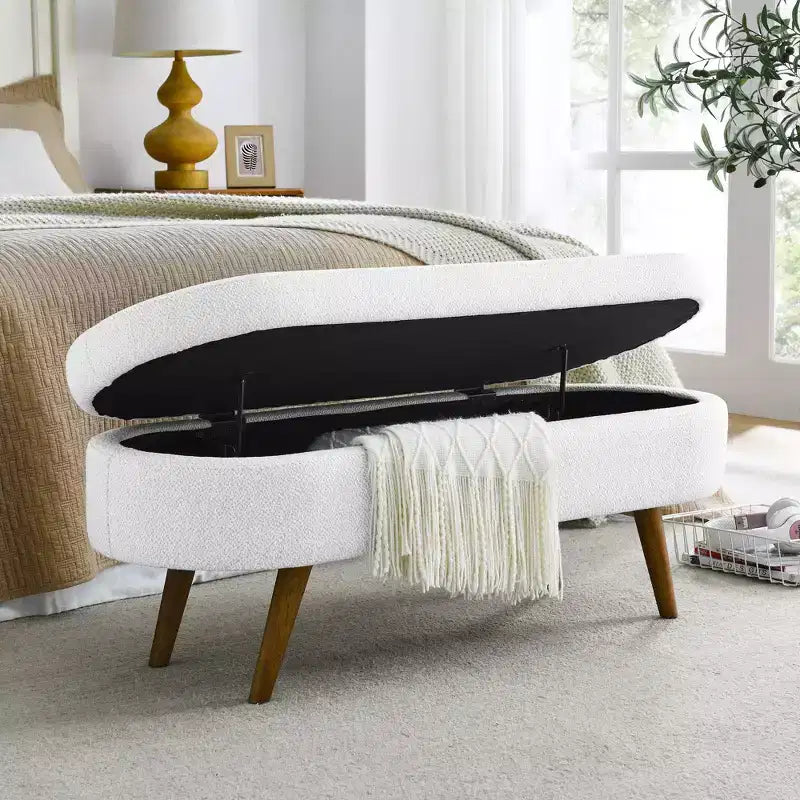 Banco otomano ovalado de lino moderno con patas de madera de caucho, reposapiés suave y largo para sala de estar, recibidor, dormitorio