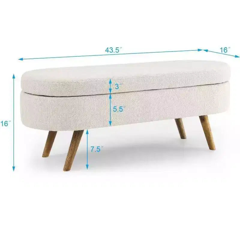 Banco otomano ovalado de lino moderno con patas de madera de caucho, reposapiés suave y largo para sala de estar, recibidor, dormitorio