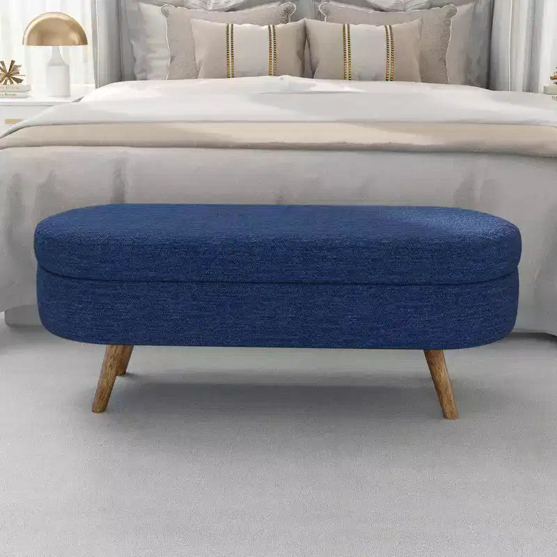 Banco otomano ovalado de lino moderno con patas de madera de caucho, reposapiés suave y largo para sala de estar, recibidor, dormitorio
