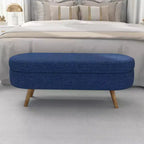 Banco otomano ovalado de lino moderno con patas de madera de caucho, reposapiés suave y largo para sala de estar, recibidor, dormitorio