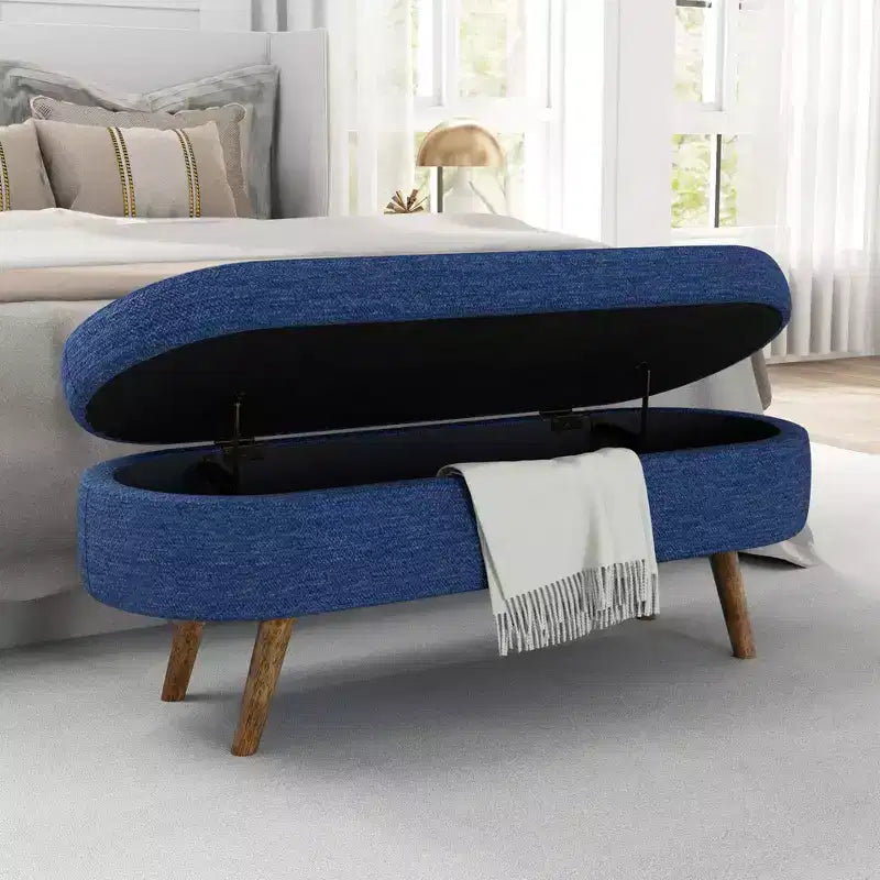 Banco otomano ovalado de lino moderno con patas de madera de caucho, reposapiés suave y largo para sala de estar, recibidor, dormitorio