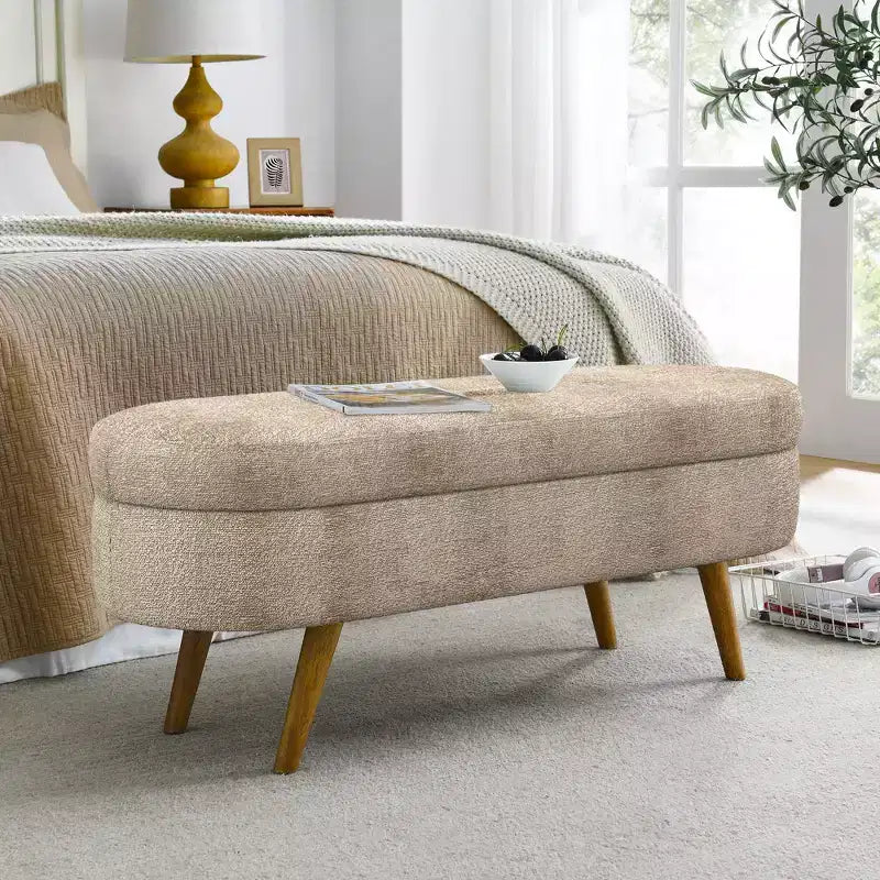 Banco otomano ovalado de lino moderno con patas de madera de caucho, reposapiés suave y largo para sala de estar, recibidor, dormitorio